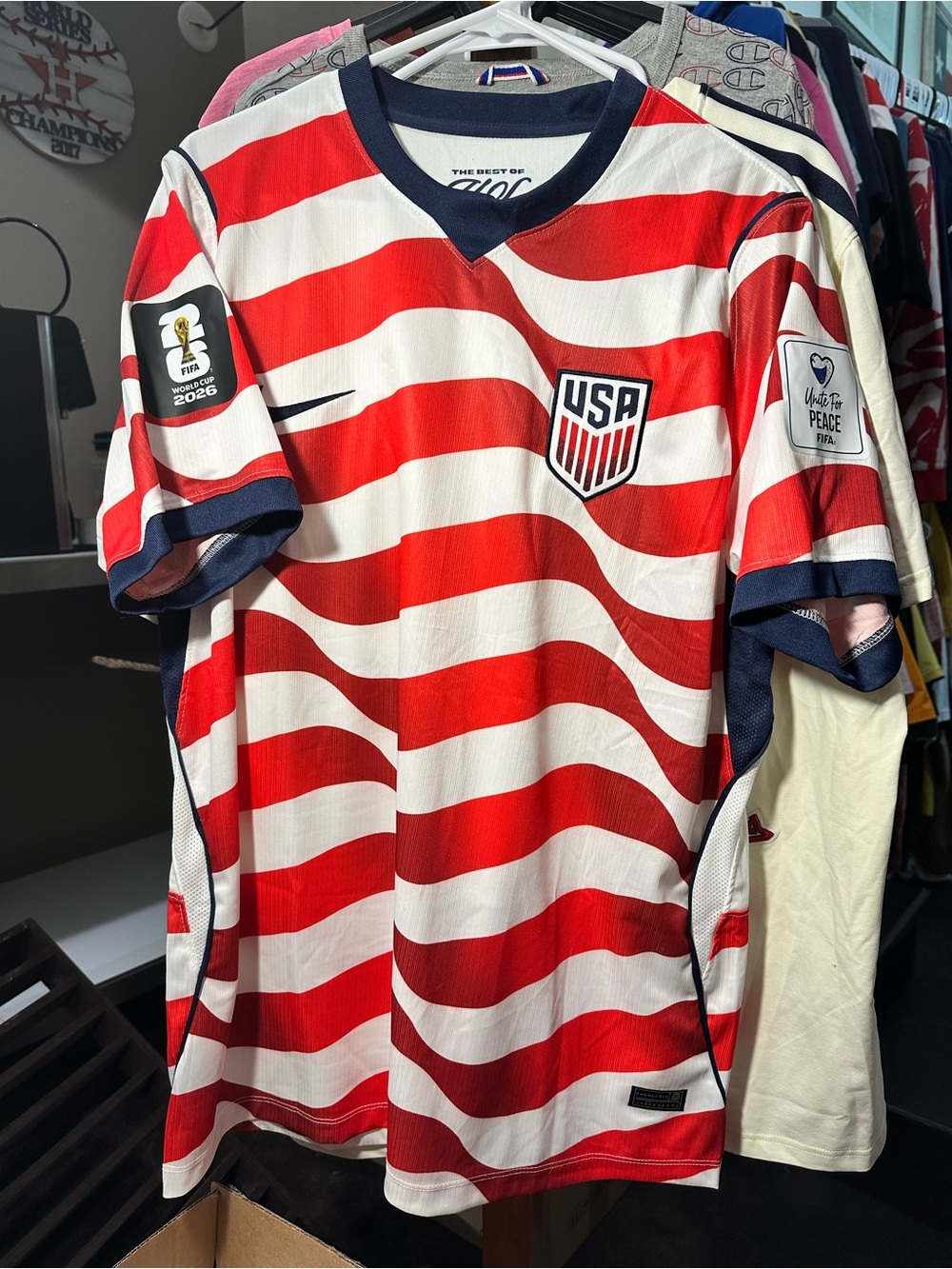 Nike USA Red White Wavy Stripe Soccer Jersey with Navy Trim